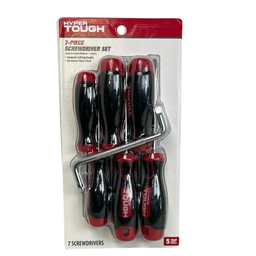 Hyper Tough 7 Piece Red Black Screwdriver Set Ergonomic Soft Grip Hardened Steel